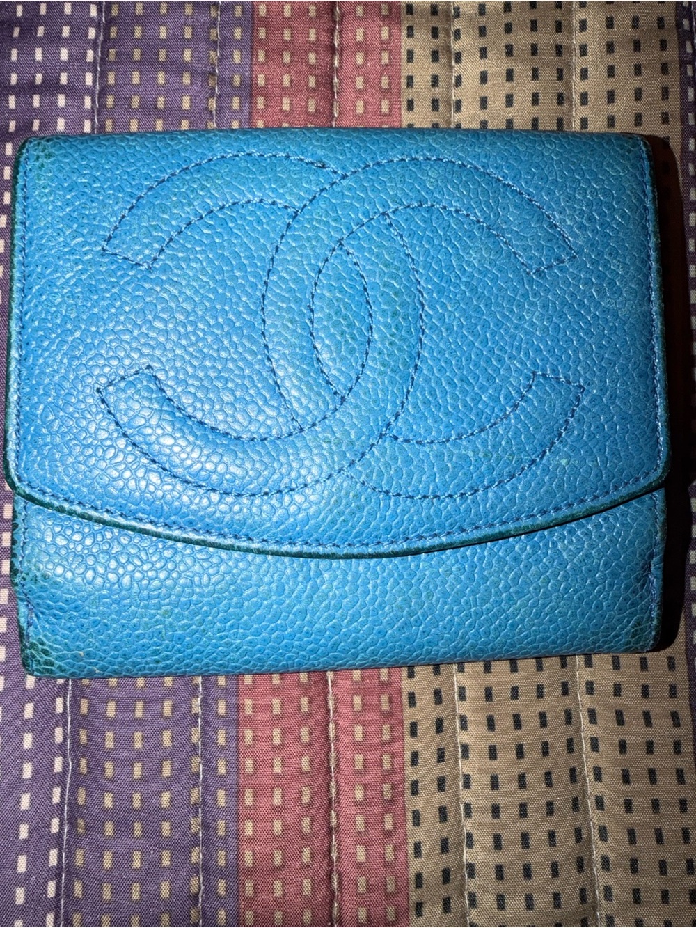 CHANEL Turquoise Quilted Caviar Leather Compact Flap Wallet